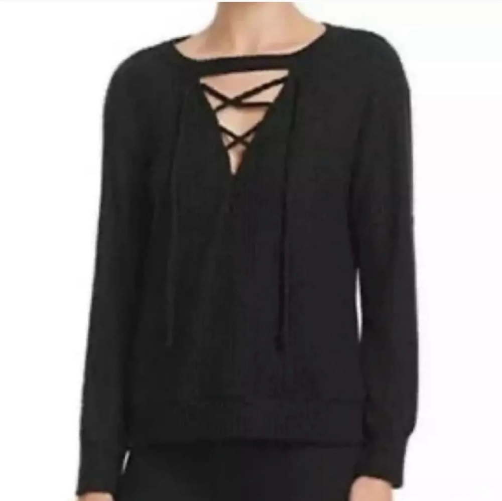 LNA CLOTHING Black Lace Up Waffle Knit Long Sleeve Crew Neck Top